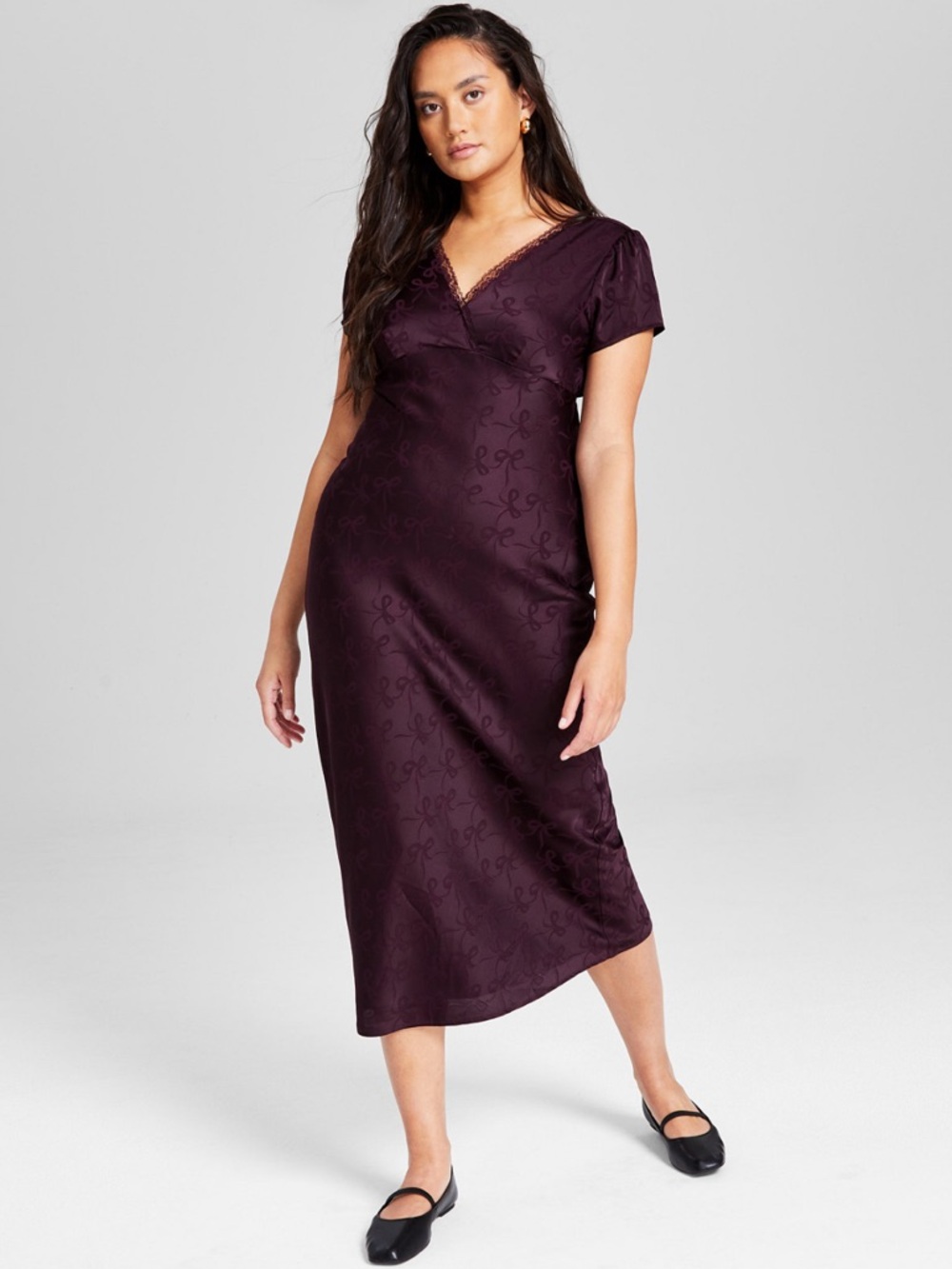 Satin Bow Print Short-Sleeve V-Neck Midi Dress, Created for Macy's Deep Plum